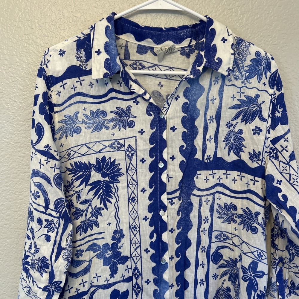 Joie Blue & White Floral Button-Down Beach Cruises Maxi Dress 3/4 Sleeves SZ L